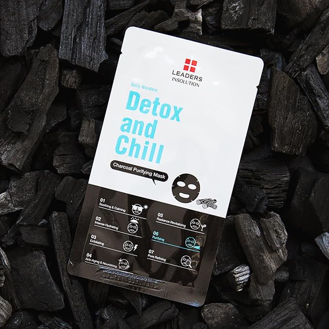 Leaders Insolution Daily Wonders Detox and Chill Facial Mask Sheet Activated Charcoal Purifying Pore Minimizing Exfoliating Dead Skin Korean Skincare (10 Sheets)