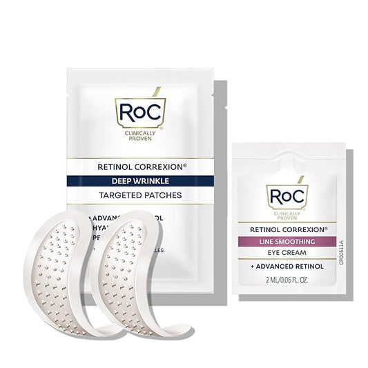 RoC Retinol Correxion Deep Wrinkle Non-Invasive Targeted Patches with Hyaluronic Acid + Firming Peptides for Forehead, 11 Lines, Crow’s Feet and Laugh Lines, (6 Patches) with Retinol Eye Packette
