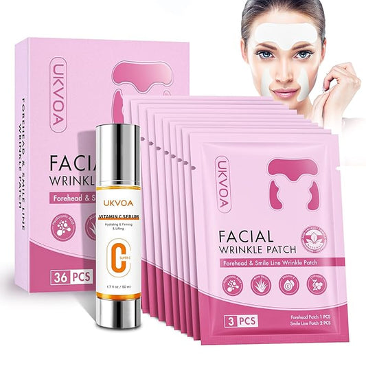 Forehead Wrinkle Patches & Smile Line Patches, Overnight Facial Wrinkle Treatment with Hyaluronic Acid, Aloe, Collagen & Vitamin E to Lift Smile Lines for Women 36pcs with Vitamin C Serum
