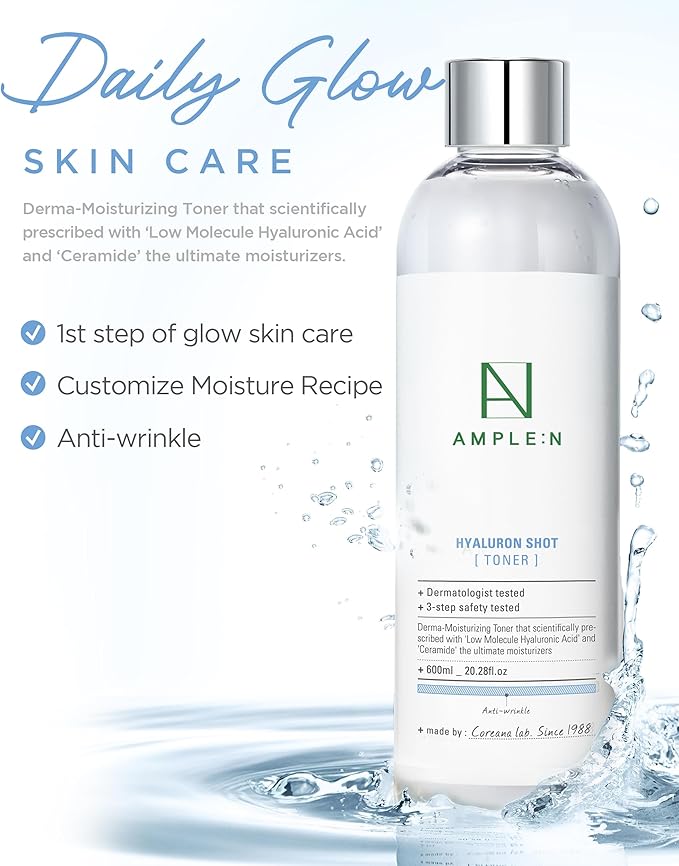 Ample:N Hyaluron Shot Toner – Korean Hyaluronic Acid and Ceramide Hydrating Face Toner - Moisturizing Essence for Minimizing Wrinkles – Dewy Healthy Glow Skin Booster for Dry Skin, 20.3 fl.oz.