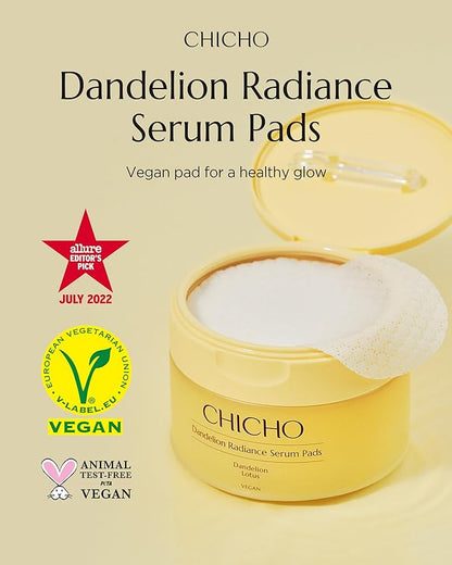 CHICHO Dandelion Radiance Serum Pads 80.2% Dandelion Biome Lotus Extract - Vegan Toner Pad for Radiant Skin - Natural Origin Fabric Sensitive Skin, Korean Skincare, 90 Pads