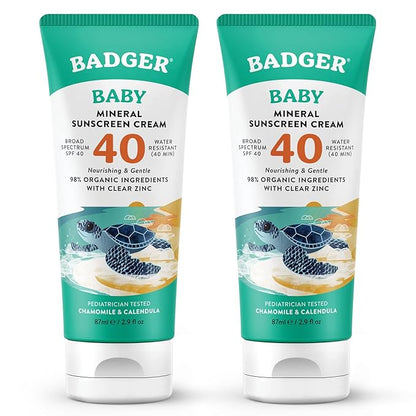 Badger Mineral Baby Sunscreen Cream SPF 40, 98% Organic Toddler Sunscreen with Zinc Oxide, Broad Spectrum, Reef Safe, Water Resistant, Pediatrician Tested Baby Sunblock, 2.9 fl oz, 2-Pack