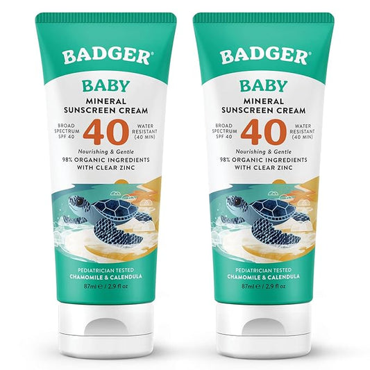 Badger Mineral Baby Sunscreen Cream SPF 40, 98% Organic Toddler Sunscreen with Zinc Oxide, Broad Spectrum, Reef Safe, Water Resistant, Pediatrician Tested Baby Sunblock, 2.9 fl oz, 2-Pack