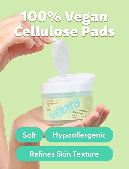 Vertty Tea Tree Cica Toner Pad | Exfoliating, Hydrating, Redness Relief Toner Pad for face | 100% Vegan Cotton Pad | Long-lasting Hydration | All Skin Types | Teens & Kids Skin Care (50 Count, 4.4oz)