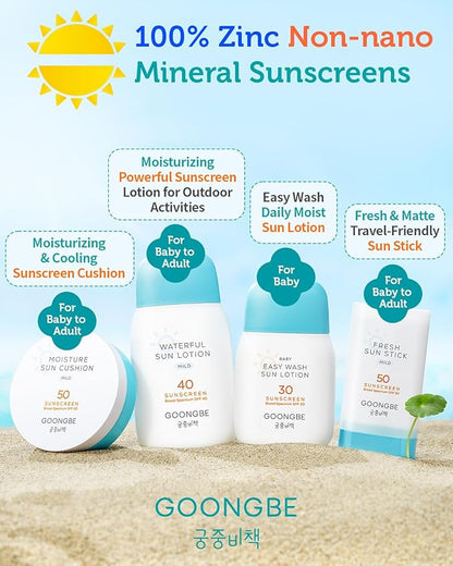 GOONGBE Sun Lotion SPF 40 & Sun Stick SPF 50-100% Zinc Oxide Mineral Sunscreen - No White Cast - Vegan Reef-Safe for Babies Kids Adults - Korean Skincare, 2.82oz & 0.49oz