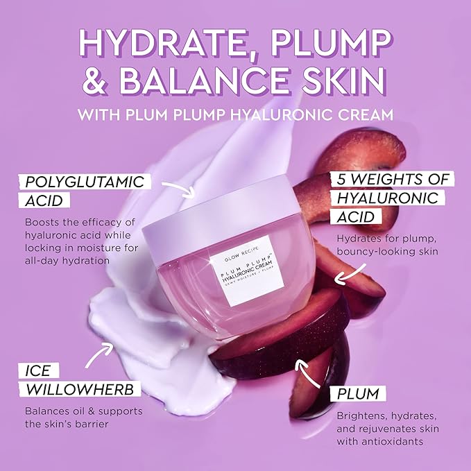 Glow Recipe Plum Plump Hyaluronic Acid Face Cream - Hydrating, Firming & Plumping Facial Moisturizer for Women & Men - Korean Skin Care with Polyglutamic Peptides to Reduce Dry Skin Wrinkles (50ml)