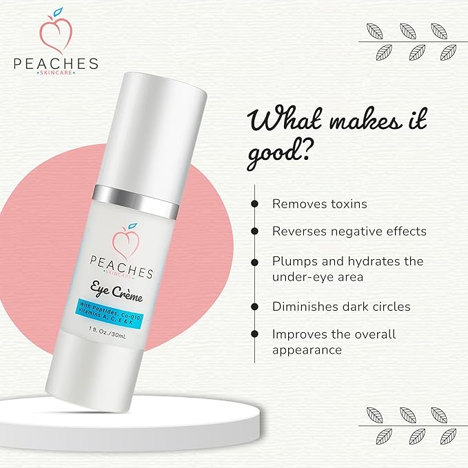 Peaches Skin Care Under Eye Cream – Targets Puffiness, Dark Circles, and Bags – Vegan Formula with Peptides, Co-Q10, Squalene, Vitamins, and Reishi – Eye Crème (1 oz)