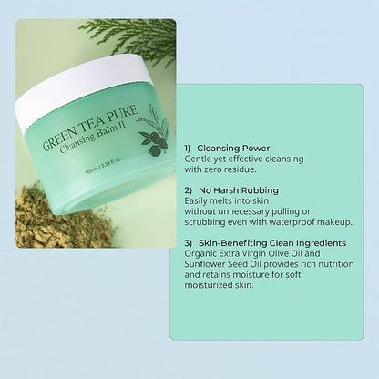 YADAH Green Tea Cleansing Balm II (3.38fl oz) - Makeup Remover, Moisturizing, Residue-Free. Korean Skin Care. Vegan, For Sensitive Skin, Botanical oil extract.