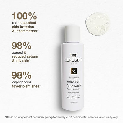 LEROSETT® Clear Skin Face Wash – Gentle Gel Cleanser with 60% Aloe-Rich Botanicals, 4% Glycolic Acid & Vit-E Microbeads – Fights Breakouts, Unclogs Pores, Balances Oil – Spa-Grade, Vegan – 4oz