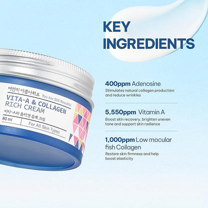 Vita A & Collagen Rich Cream 80ml/2.7 Oz, Fish/Marine Collagen, Face Cream, Anti Aging, Facial Moisturizer, Wrinkes, Fine Lines, Retinyl Palmitate, Korean Skincare