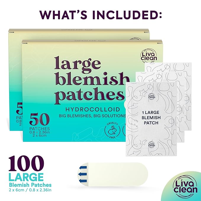 LivaClean LC 𝟏𝟎𝟎 𝐂𝐓, 𝟐 𝐏𝐚𝐜𝐤 Large Hydrocolloid Acne Patches - for Pore Spots Nose Face Cystic Pimple Zit Patch - Big Pimple Patches Hydrocolloid Bandages Strips Stickers Patch XL Large Acne