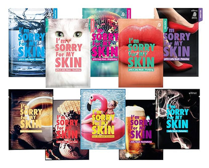 I'M SORRY FOR MY SKIN Jelly Mask Full Set for Skin Stress Relief, Korean Skin Care Travel Essentials Kit, K-Beauty Hydrating Face Mask Sheets, Gifts for Women (Pack of 10)