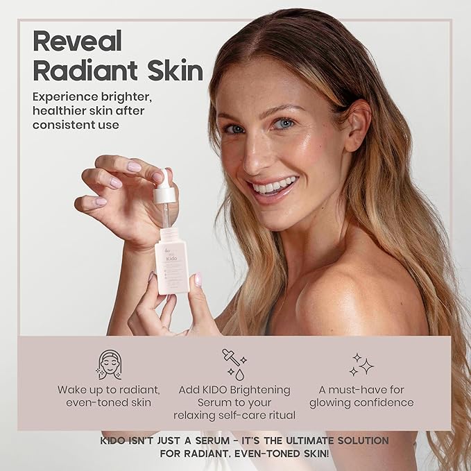 KIDO Brightening Serum - Reduces Dark Spots, Evens Skin Tone, Hydrates Deeply, Non-Irritating Formula, Kojic Acid, Alpha Arbutin, Retinol Serum for Face, Centella Asiatica, & Vitamin E