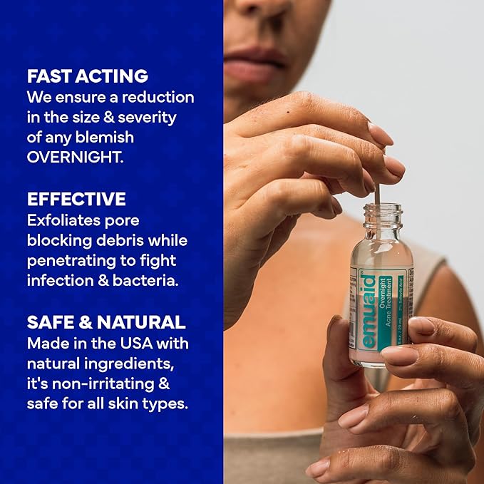 EMUAID Overnight Acne Treatment, Gentle Fast-Acting Solution with Salicylic Acid for Adults and Teens, Clears Stubborn Pimples, Cystic Acne, Blackheads, Rosacea, and Hormonal Breakouts, 1oz