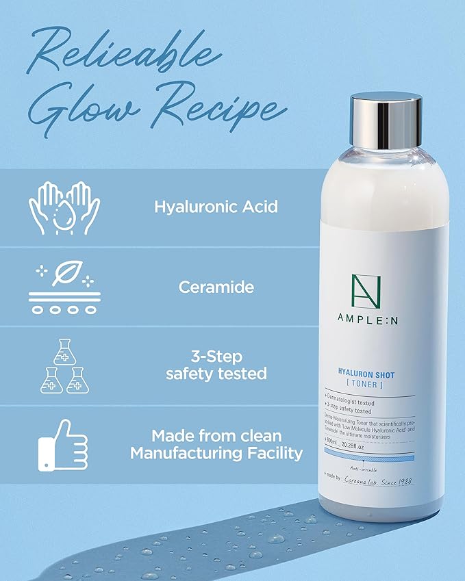 Ample:N Hyaluron Shot Toner – Korean Hyaluronic Acid and Ceramide Hydrating Face Toner - Moisturizing Essence for Minimizing Wrinkles – Dewy Healthy Glow Skin Booster for Dry Skin, 20.3 fl.oz.