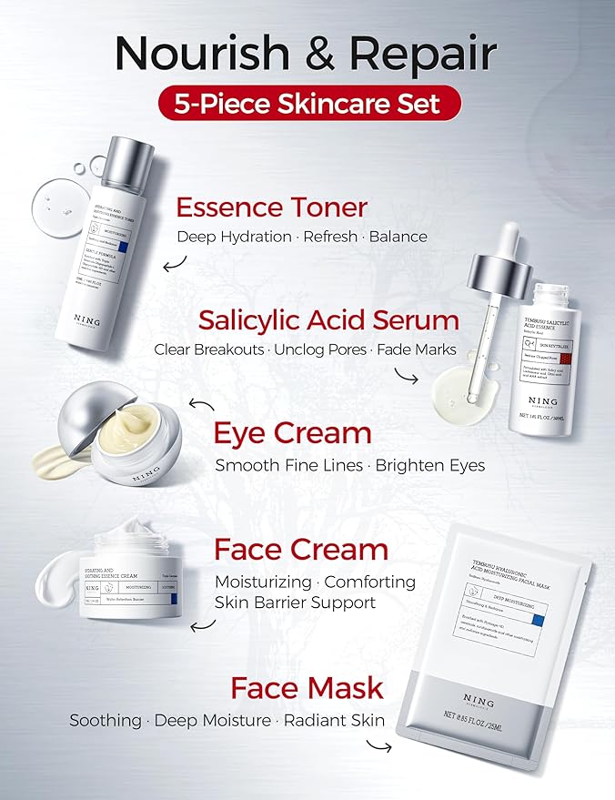 Skin Care Set – Tembusu Essence 8-Step Routine with Amino Cleanser Clay Mask Toner Salicylic Acid Serum Cream Eye Treatment – Hydrating Moisturizing Anti-Aging All Skin Types