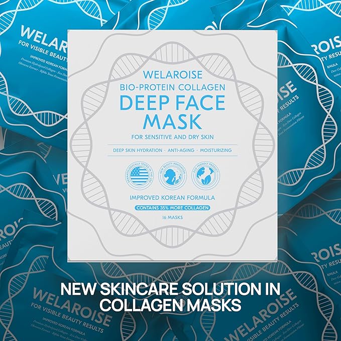 Welaroise Bio Protein Collagen Hydrogel Deep Face Mask - 35% More Collagen, Intense Hydration & Moisturization, Firming, Anti-Aging, Skin Renewal, Korean Skincare (Pack of 16)