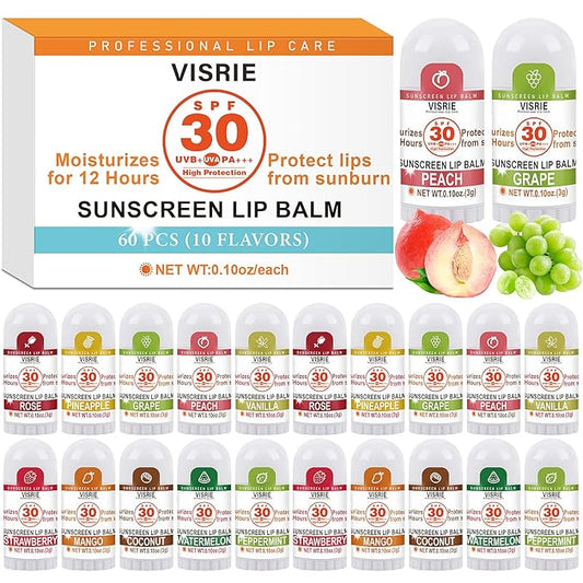 SPF 30 Sunscreen Lip Balm, SPF Lip Balm Bulk 60 Count, Broad Spectrum UVA/UVB Lip Sunscreen with Vitamin E and Coconut Oil- 10 Flavors
