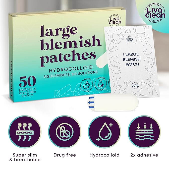 LivaClean LC 𝟏𝟎𝟎 𝐂𝐓, 𝟐 𝐏𝐚𝐜𝐤 Large Hydrocolloid Acne Patches - for Pore Spots Nose Face Cystic Pimple Zit Patch - Big Pimple Patches Hydrocolloid Bandages Strips Stickers Patch XL Large Acne