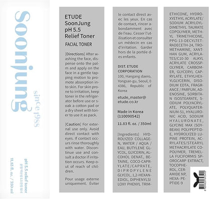 ETUDE SoonJung pH5.5 Relief Toner, Toner for Face, Hydrating Toner for Sensitive Skin, Vegan Face Toner, Panthenol, Madecassoside, Moisturizer, Korean Skin Care, Korean Toner, Beauty (11.83 Fl Oz)