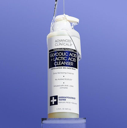 Advanced Clinicals Glycolic Acid Exfoliating Face Wash For Women & Men | Lactic Acid & Salicylic Acid Facial Cleanser | Glycerin Gel Gleanser Helps Gently Exfoliate & Cleanse Dirt & Oil, 2-Pack