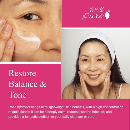 100% PURE Rose Water Hydrating Milk Face Moisturizer Natural Care Hyaluronic Acid, Squalene Replenish Suppleness Dry Dehydrated Skin - Vegan - 1.7oz