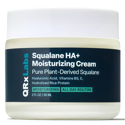 QRxLabs Plant-Based Squalane Face Moisturizer - 2 fl oz (60 mL) - Hyaluronic Acid Hydrating Cream for Face & Body - Moisturizing Cream with Vitamin B5 & Rice Protein - Silicone-Free Cruelty-Free