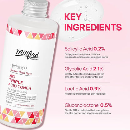 AC Triple Acid Toner 6.76 oz/200 ml – AHA/BHA/PHA Exfoliating & Hydrating Facial Toner with Salicylic Acid & Glycolic Acid for Oily Skin, Pore Cleaning, Acne & Sebum Control, Korean Skincare