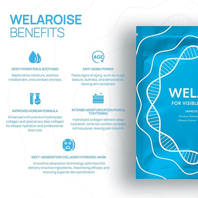 Welaroise Bio Protein Collagen Hydrogel Deep Face Mask - 35% More Collagen, Intense Hydration & Moisturization, Firming, Anti-Aging, Skin Renewal, Korean Skincare (Pack of 16)