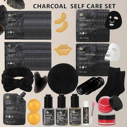 Charcoal Face Sheet Mask Pack, 55Pcs Skin Care Set for Women & Men, Hydrolyzed Real Collagen Mask, Hyaluronic Acid Face Serum, Gel Eye Patches, Gel Lip Mask, Lip Scrub, Christmas, Birthday Gift, Dad