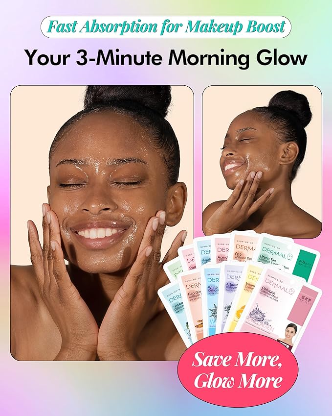 DERMAL 78 Combo Pack Collagen Essence Korean Face Mask - Hydrating & Soothing Facial Mask with Panthenol - Hypoallergenic Self Care Sheet Mask for All Skin Types - Natural Home Spa Treatment Masks