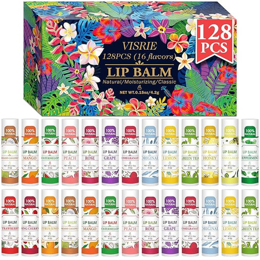 128 Pack Lip Balm, Natural Lip Balm Bulk with Vitamin E and Coconut Oil, Bulk Moisturizing Lip Balms for Dry Lips-16 Flavors
