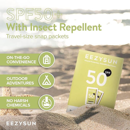 SPF 50 Sunscreen and Insect Repellent Snap Packets - Sunscreen Travel Size Bug Repellent with Citronella Oil, Lemongrass, and Neem Oil - Reef-Safe Repellent - 10 Snap Packets (0.27 fl oz each)