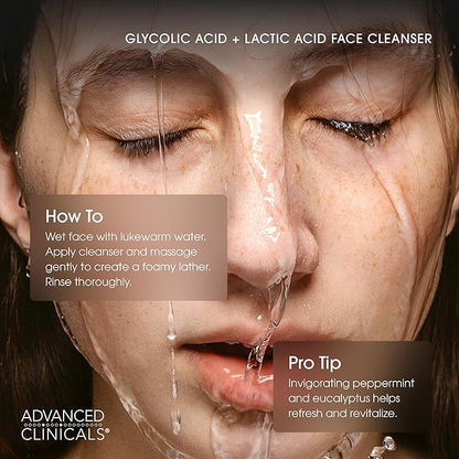 Advanced Clinicals Glycolic Acid Exfoliating Face Wash For Women & Men | Lactic Acid & Salicylic Acid Facial Cleanser | Glycerin Gel Gleanser Helps Gently Exfoliate & Cleanse Dirt & Oil, 2-Pack
