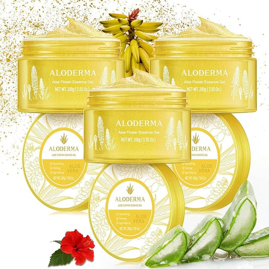 Aloderma Age-Defying Aloe Flower Essence Gel with 24K Gold Leaf, Made within 12 Hours of Harvest - Luxurious Aloe Gel with Allantoin & Hyaluronic Acid for a Shimmering, Youthful Complexion, 7oz 3-Pack