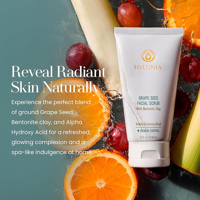Hylunia Skincare Grape Seed Facial Scrub – Gentle Exfoliating Face Scrub with Ground Grape Seed, Bentonite Clay, and Alpha Hydroxy Acid for smooth, glowing skin and refined pores, 5.1oz