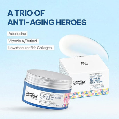 Vita A & Collagen Rich Cream 80ml/2.7 Oz, Fish/Marine Collagen, Face Cream, Anti Aging, Facial Moisturizer, Wrinkes, Fine Lines, Retinyl Palmitate, Korean Skincare