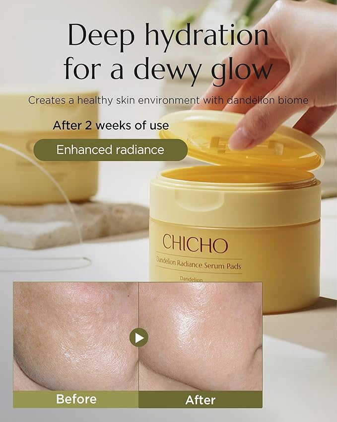 CHICHO Dandelion Radiance Serum Pads 80.2% Dandelion Biome Lotus Extract - Vegan Toner Pad for Radiant Skin - Natural Origin Fabric Sensitive Skin, Korean Skincare, 90 Pads