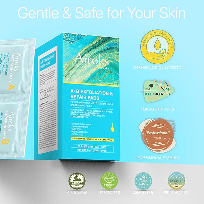A+B Exfoliating & Repair Face Pads 30 Tx - 2-Step Acid Peel Serum Treatment with Glycolic, Salicylic, Kojic Acid & Retinol Hyaluronic Peptides for Smooth Skin, Pore Minimizer, Hyperpigmentation