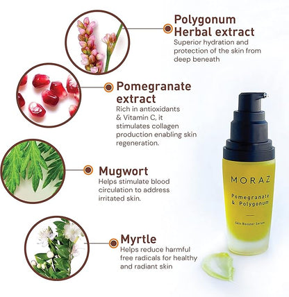 Moraz Skin Booster Vitamin C Face Serum with Pomegranate Extract, Polygonum, Myrtle, Mugwort, Jojoba Oil & Vitamin E – SLS & Paraben Free Anti Aging Serum – Antioxidant Glow Serum for Face, 1.1 Fl Oz