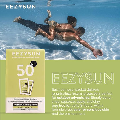 SPF 50 Sunscreen and Insect Repellent Snap Packets - Sunscreen Travel Size Bug Repellent with Citronella Oil, Lemongrass, and Neem Oil - Reef-Safe Repellent - 10 Snap Packets (0.27 fl oz each)