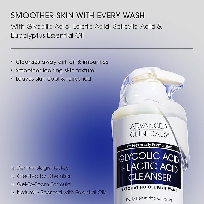 Advanced Clinicals Glycolic Acid Exfoliating Face Wash For Women & Men | Lactic Acid & Salicylic Acid Facial Cleanser | Glycerin Gel Gleanser Helps Gently Exfoliate & Cleanse Dirt & Oil, 2-Pack
