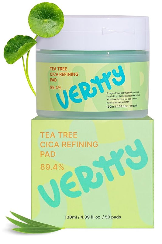 Vertty Tea Tree Cica Toner Pad | Exfoliating, Hydrating, Redness Relief Toner Pad for face | 100% Vegan Cotton Pad | Long-lasting Hydration | All Skin Types | Teens & Kids Skin Care (50 Count, 4.4oz)
