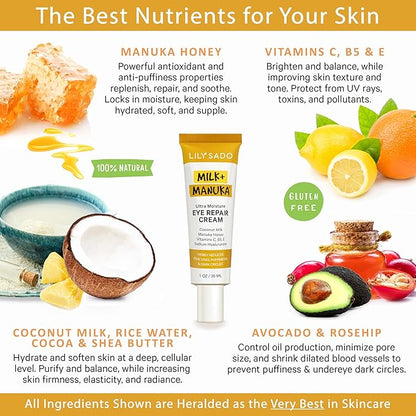 LILY SADO MILK+MANUKA™ Eye Repair Cream - Anti-Aging Natural Gentle Formula w/Coconut Milk, Manuka Honey, Sodium Hyaluronate & VITS C, B5 & E - Prevents Puffiness, Under-eye Wrinkles & Eye Bags - 1oz