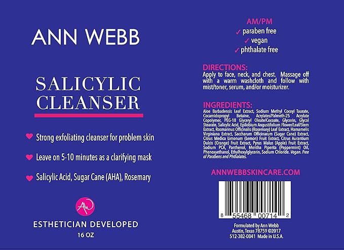 Salicylic Exfoliant Cleanser - Strong but Gentle Non-drying, Lightly Foaming Face wash with Salicylic Acid for Blackheads & Breakouts-Great for Oily & Acne Prone Skin 6oz