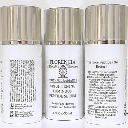 Florencia Brightening Luminous Peptide Serum - Age-Defying Face Serum with Peptides, Sodium Hyaluronate & Organic Botanicals – Helps to Reduce Wrinkles, Illuminate Complexion, 1 Oz