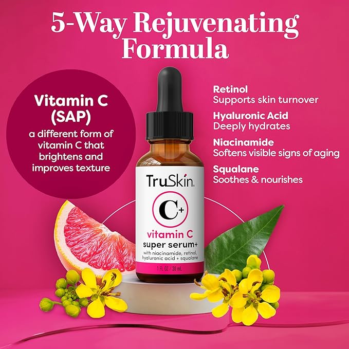 TruSkin Vitamin C Super Serum - Niacinamide, Retinol, Hyaluronic Acid & Squalane - All-in-One Anti Aging Serum for Face – Improve Appearance of Dark Spots, Firmness for Brighter Looking Skin, 2 Fl Oz