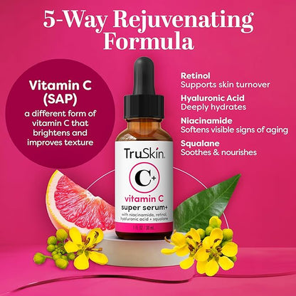 TruSkin Vitamin C Super Serum - Niacinamide, Retinol, Hyaluronic Acid & Squalane - All-in-One Anti Aging Serum for Face – Improve Appearance of Dark Spots, Firmness for Brighter Looking Skin, 2 Fl Oz