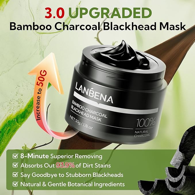 LANBENA 3.0 Bamboo Charcoal Blackhead Remover Mask, 50g/1.76 oz, 120+ pcs Nose Pore Strips, Peel off Face Mask Whiteheads Cleanser Strawberry Nose Purifying, with Amazonian White Clay