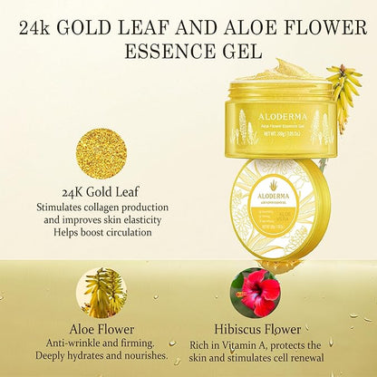 Aloderma Age-Defying Aloe Flower Essence Gel with 24K Gold Leaf, Made within 12 Hours of Harvest - Luxurious Aloe Gel with Allantoin & Hyaluronic Acid for a Shimmering, Youthful Complexion, 7oz 2-Pack